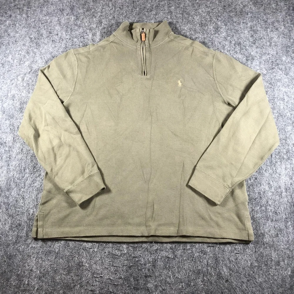 Polo Ralph Lauren Sweater Mens‎ Large Taupe Green 1/4 Zip Mock Neck Cotton